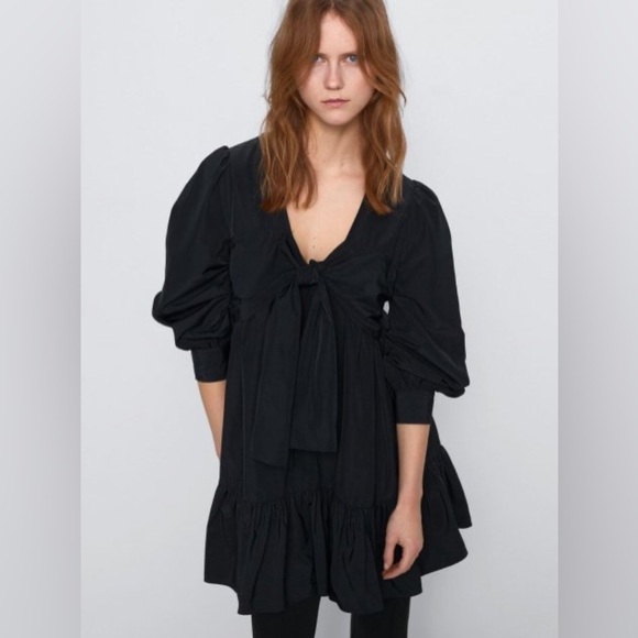 Zara Dress Women's Size Small Oversized Black Long Sleeve Mini Bow Tiered Ruffle - Picture 3 of 13